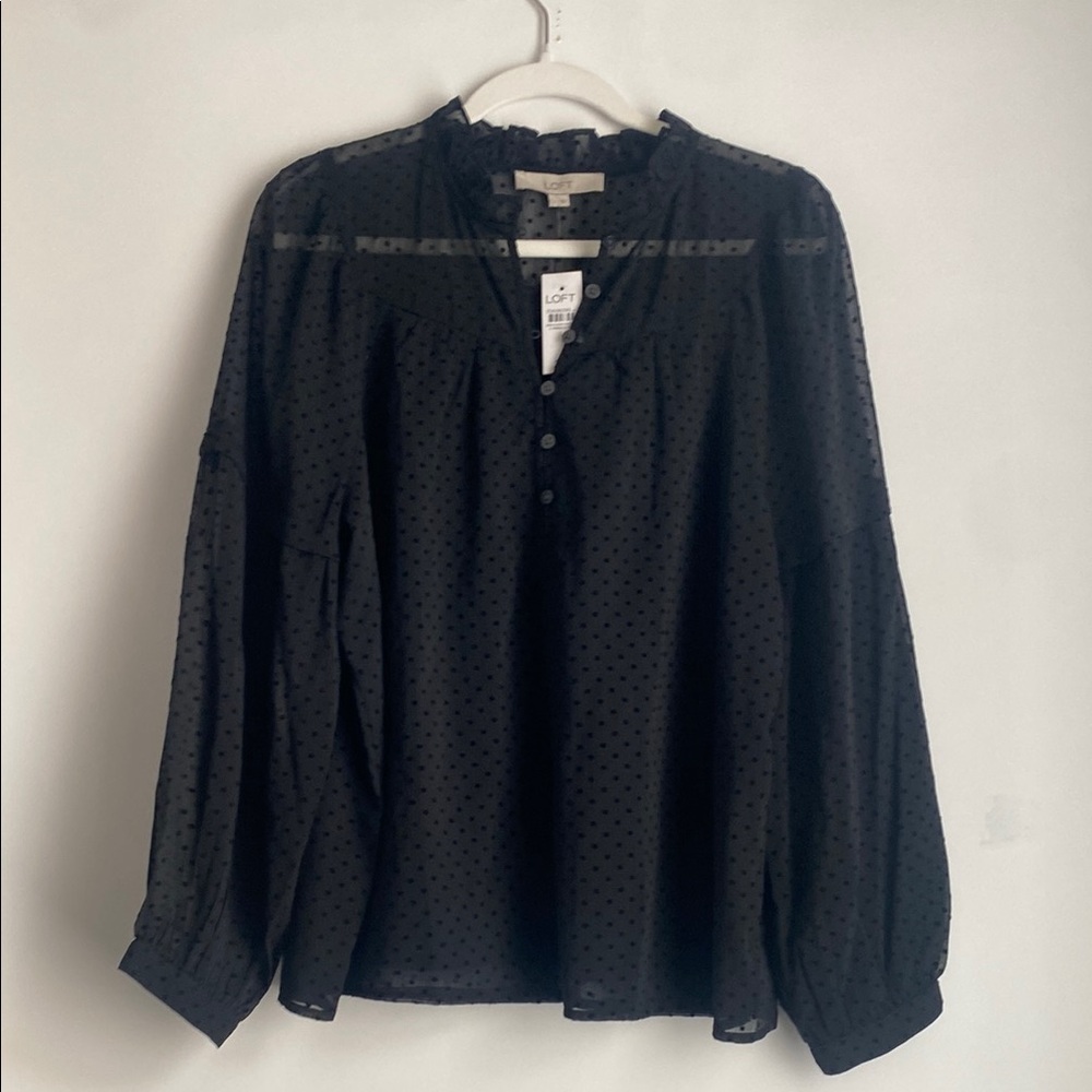 LOFT Black Sheer Lined Black Velvet Polka Dots Ruffle Collar Blouse - Large NWT